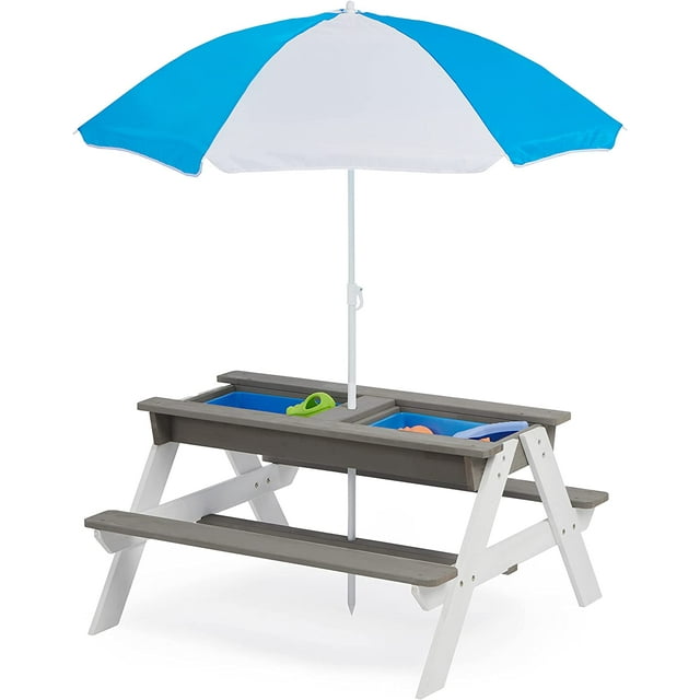 Kids 3 in 1 Convertitable Sand and Water Table with Umbrella, Picnic Table for Outdoor Backyard
