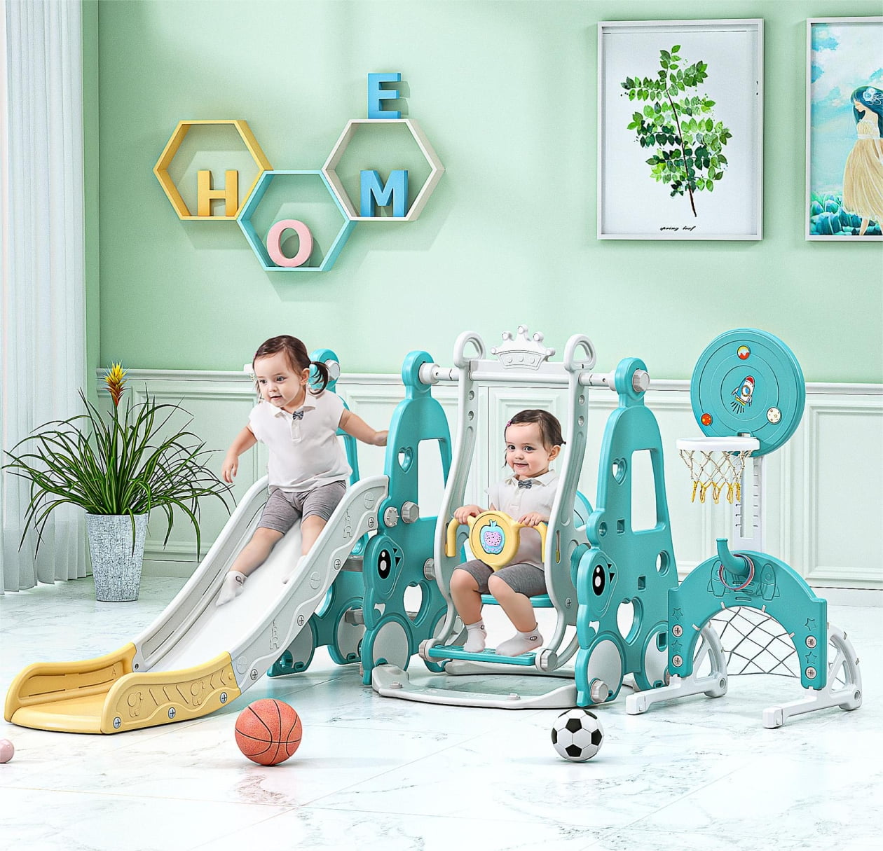 Kids 3in1 Slide Swing Playset,Baby Plastic Slide and Swing Set,Large Combination for Home
