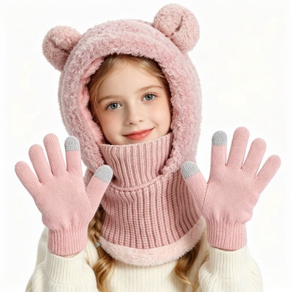 Kids 3-in-1 Winter Balaclava Set,Windproof Hat & Gloves with Fleece Lined Hooded Scarf Face Mask for Ages 2-8