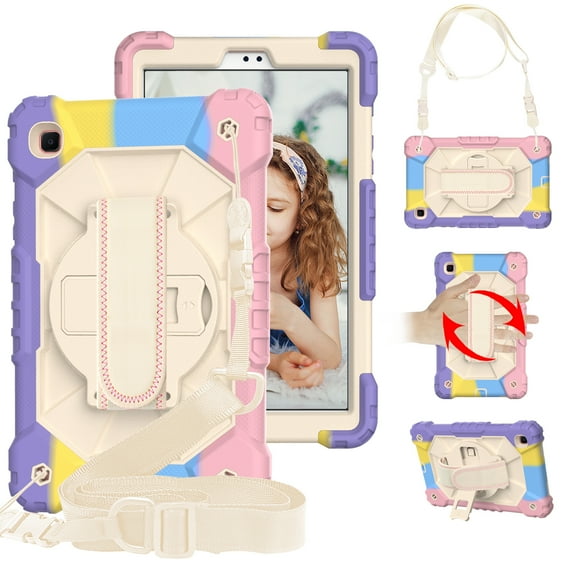 Kids 3-layer Case for Samsung Galaxy Tab A7 10.4 2020 T500/T505/T507, with Pencil Holder 360 Rotating Kickstand Hand-strap/ Shoulder Strap Heavy Duty Protective Cover,B-colorful pink+beige