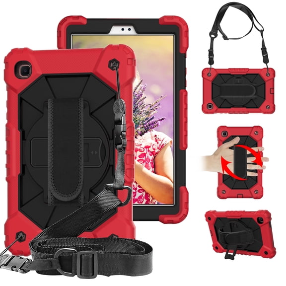 Kids 3-layer Case for Samsung Galaxy Tab A7 10.4 2020 T500/T505/T507, with Pencil Holder 360 Rotating Kickstand Hand-strap/ Shoulder Strap Heavy Duty Protective Cover,K-red+black
