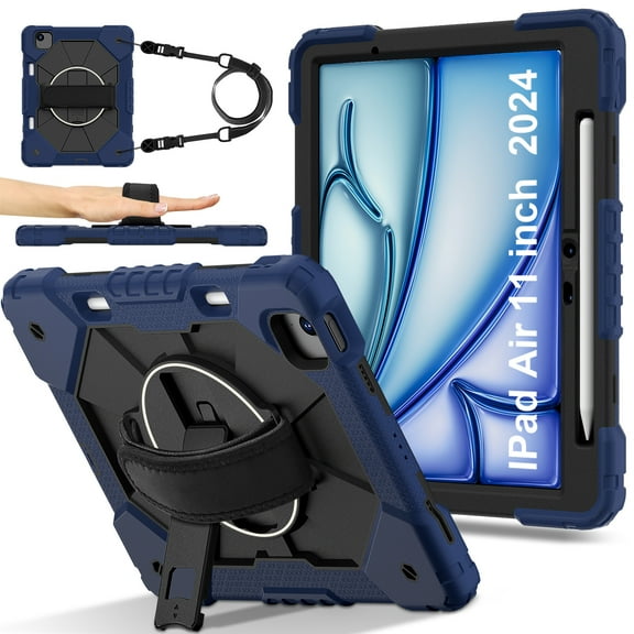 Kids 3-layer Case for iPad Air 11 Inch 2024 M2 (Air 6th Generation), with Pencil Holder 360 Rotating Kickstand Hand-strap/ Shoulder Strap Heavy Duty Protective Tablet Cover, Navyblue+Black