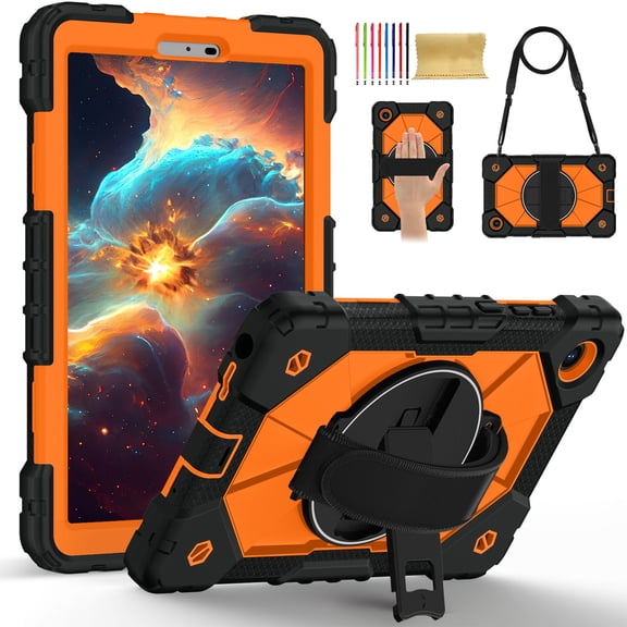 Kids 3-layer Design Case for Lenovo Tab One/Tab K9 2025 (TB-305FU) 8.7 Inch, with 360 Rotating Kickstand Hand-strap/ Shoulder Strap Heavy Duty Protective Tablet Cover, Black+Orange
