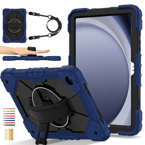 Kids 3-layer Design Case for Samsung Galaxy Tab A11 11.0" 2025 SM-X133 / SM-X135, with 360 Rotating Kickstand Hand-strap/ Shoulder Strap Heavy Duty Protective Tablet Cover, Navyblue+Black