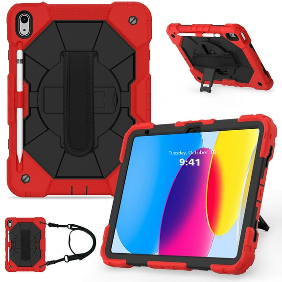 Kids 3-layer Design Case for iPad 10th Gen 10.9" 2022, with Pencil Holder 360 Rotating Kickstand Hand-strap/ Shoulder Strap Heavy Duty Protective Tablet Cover for iPad 10th Gen,K-red+black