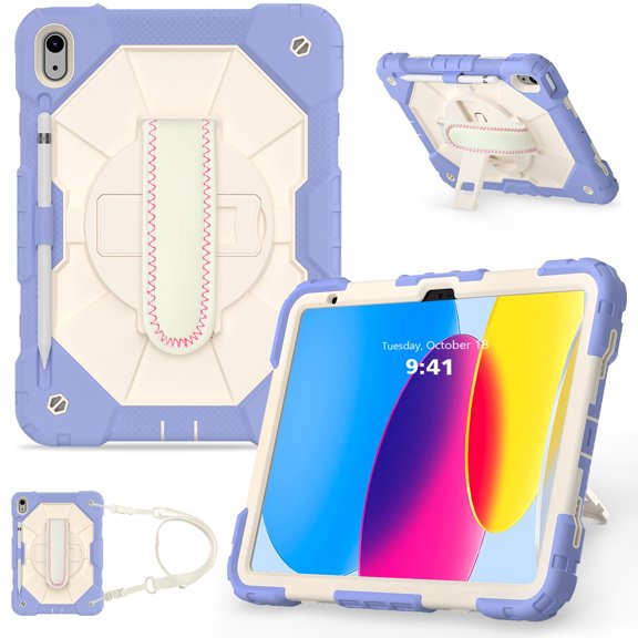 Kids 3-layer Design Case for iPad 10th Gen 10.9" 2022, with Pencil Holder 360 Rotating Kickstand Hand-strap/ Shoulder Strap Heavy Duty Protective Tablet Cover for iPad 10th Gen,A-purple+beige