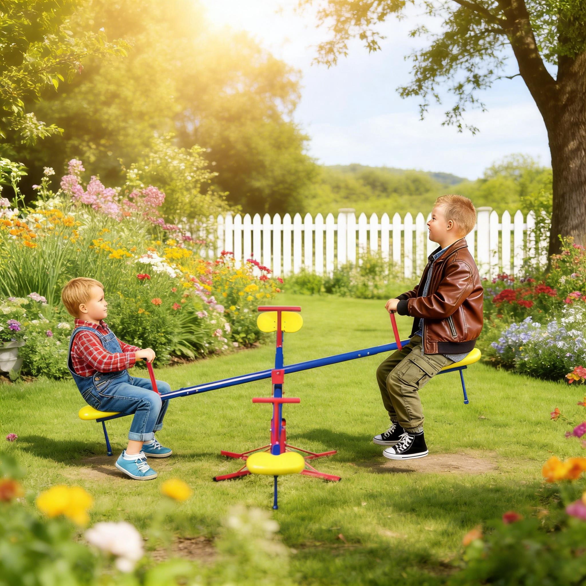 Kids 360° Swivel Teeter Totter, 4-Seat Outdoor Seesaw Playground Equipment, Metal Frame Spinning Teeter Totter for Backyard Play, Ages 3-8