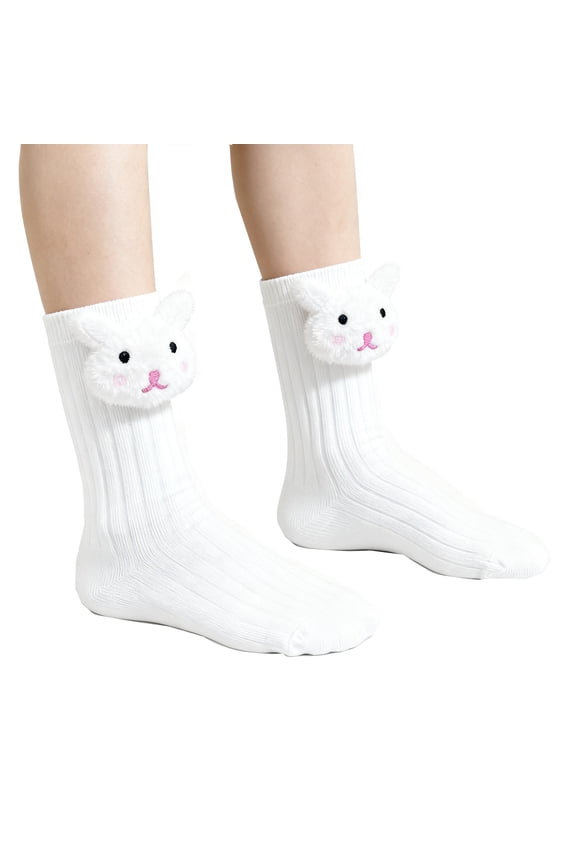 Kids' 3D Bunny Crew Socks - Double Needle Cotton Blend, Cute Animal Character Socks for Girls & Boys (1-12 Years)