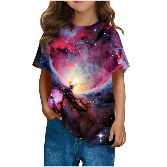 Kids 3D Galaxies Tee Shirts Short Sleeve Colorful Graphic Tee Tops Funny Crew Neck T-Shirts Back to School Clothes Hot Pink， 13 Years