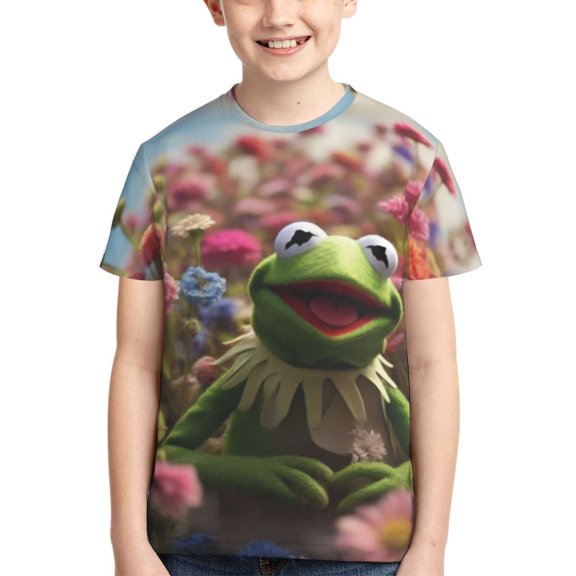 Kids 3D Graphic Ke-Rmit The Fro T-Shirts, Novelty Shirts Crewneck Short Sleeve Tees for Youth Boys Girls