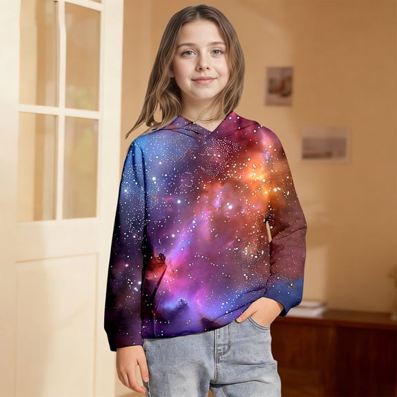Kids 3D Graphic Pullover Galaxy Hoodies Warm Thick Hooded Sweatshirt For Boys Girls With Pocket Purple 3 Y-4 Y