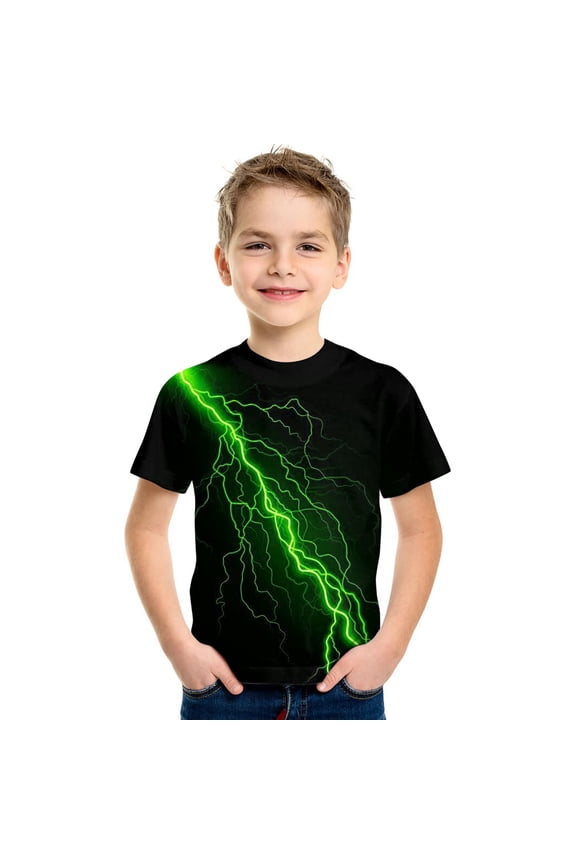 Kids 3D Lightning Bolt Graphic T-Shirt – Cool Short Sleeve Crewneck Tee for Boys and Girls Trendy Summer Top with Realistic Lightning Print, Funny Youth Shirt Gift for Children Ages 3-12