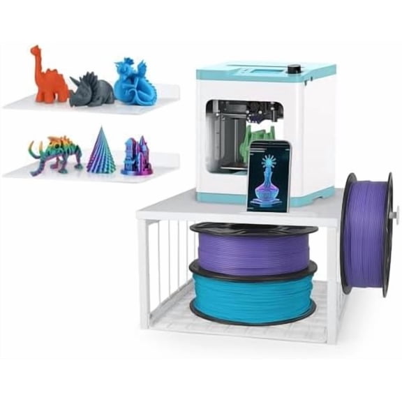 Kids 3D Printer Stand with Filaments Storage, 2-Tier Mini 3D Desktop Printer Stand with Side Spool Holder, 3D Printer Desk Organizer with 2 Pack Acrylic Shelves for Beginners, Wall-Mountable, White