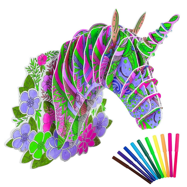 Kids 3D Puzzle Set Horse Art Coloring Painting Puzzle with 10 Coloring Pen Educational Creative DIY Toy Gift for for 3 4 5 6 7 8 9 10 11 12 Year Old