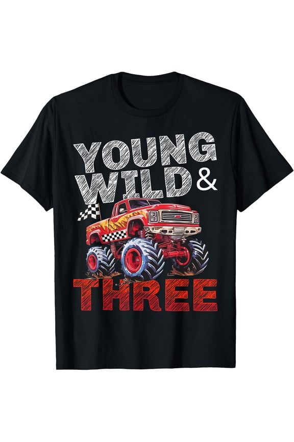 Kids 3rd Birthday Monster Trucks Young Wild and Three 3 Boys T-Shirt, Vintage Birthday Gift