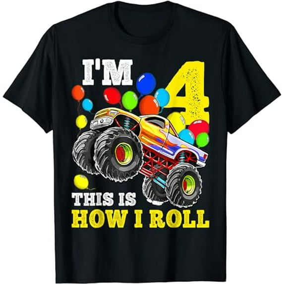 Kids 4 Year Old Shirt 4th Birthday Boy Monster Truck Car T-Shirt