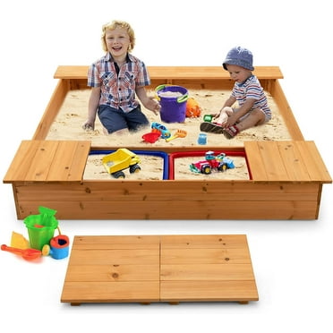 Kids  - 49”x47” Cedar Wooden Sandpit for Toddlers with 2 Removable Storage Boxes & Convertible