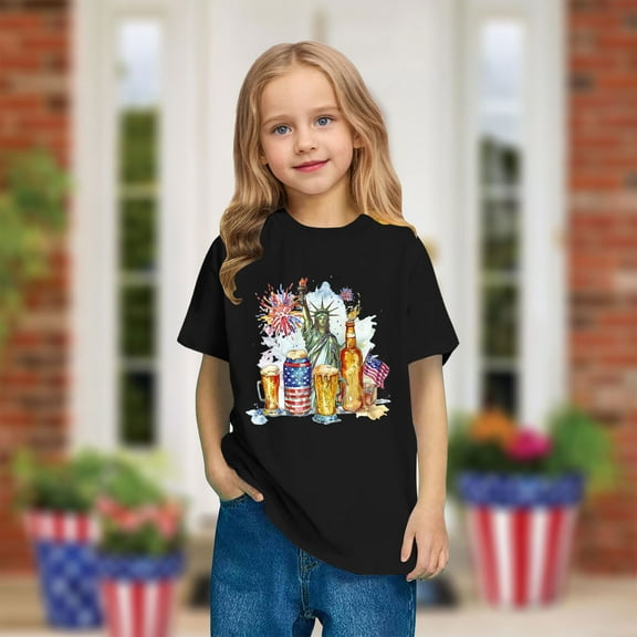 Kids 4Th Of July T-Shirt Toddler USA Flag Independence Day Tees Cute Round Neck Patriotic Short Sleeve Top Black 9-10 Years