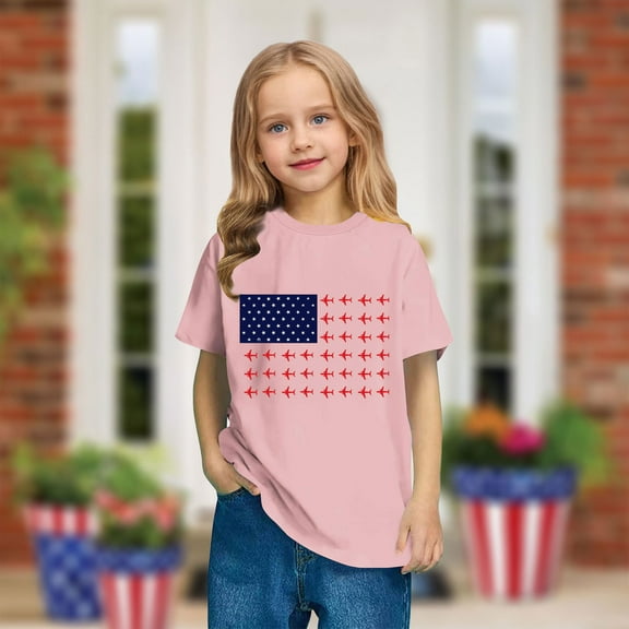 Kids 4Th Of July T-Shirt Toddler USA Flag Independence Day Tees Cute Round Neck Patriotic Short Sleeve Top Pink 4-5 Years