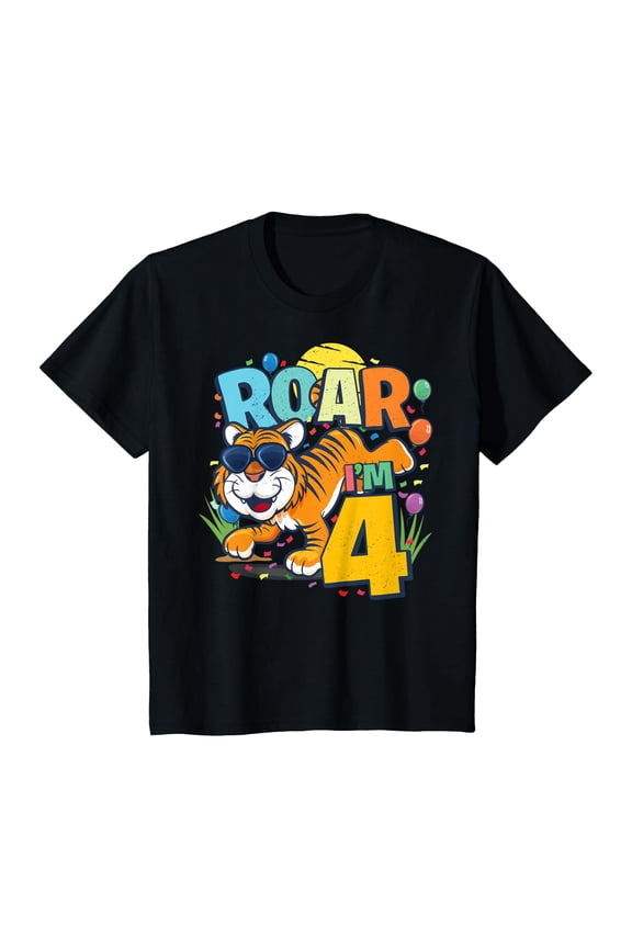 Kids 4th Birthday ROAR I'M 4 Year Old Boys Tiger Safari Gift Top T-Shirt, Unisex T-Shirt