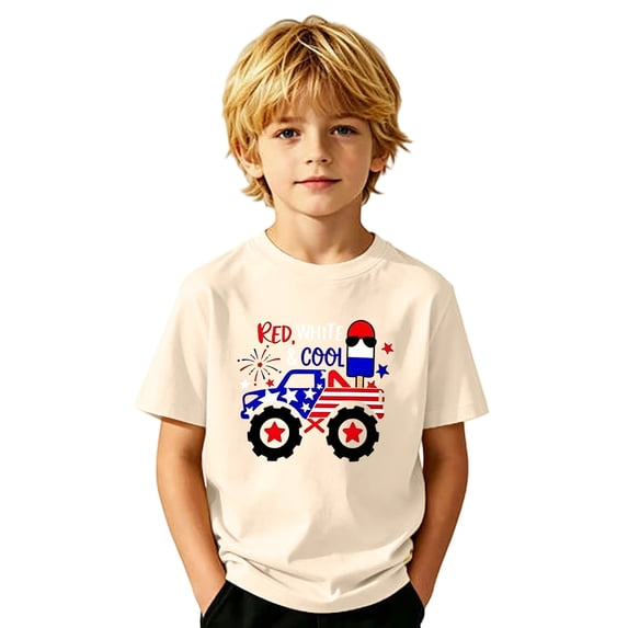 Kids 4th of July Truck Graphic T-Shirt Patriotic American Flag Print Short Sleeve Tee for Boys Girls Independence Day Casual Summer Top(Beige,10-11 Years)