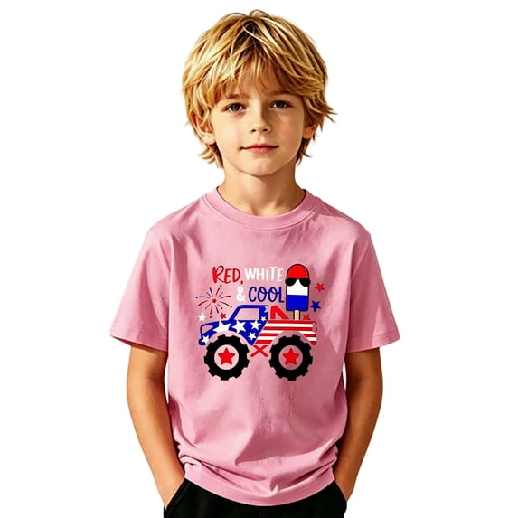 Kids 4th of July Truck Graphic T-Shirt Patriotic American Flag Print Short Sleeve Tee for Boys Girls Independence Day Casual Summer Top(Pink,6-7 Years)