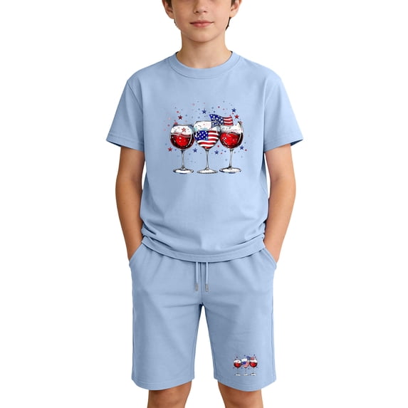 Kids 4th of July Outfit Light Blue 2 Piece Set Unisex 100% Cotton T-Shirt and Shorts Summer Clothes for Boys Girls 3-12 Years,Size 9 T