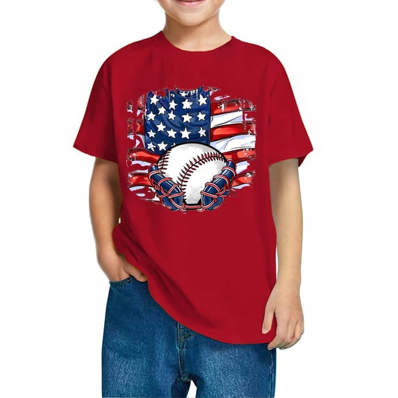 Kids 4th of July T-Shirt Boys Girls Short Sleeve Cotton American Flag Print Tee Casual Patriotic Top for Independence Day Red