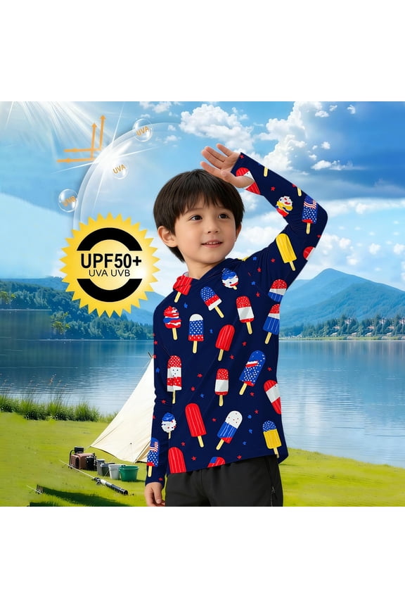 Kids 5-15Y Fun Sun Hoodie All Over Print Hole Cuffs Hooded Long Sleeve Summer Top Multicolor 5-6 Years