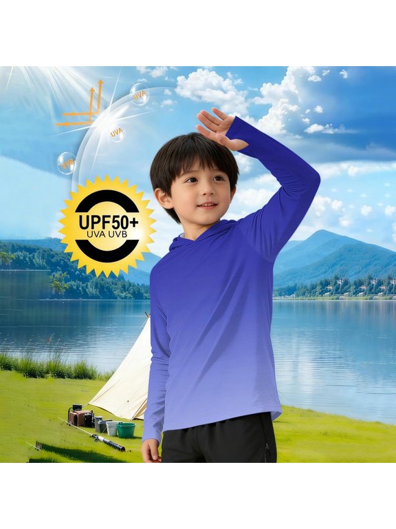 Kids 5-15Y Stylish Sun Hoodie Gradient Print Hole Cuffs Hooded Long Sleeve Outwear Blue 9-10 Years
