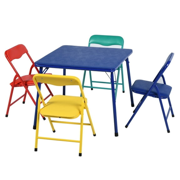 Kids 5-Piece Folding Table and Chair Set, Multicolor Includes Blue Table and Red, Yellow, Green, Blue Chairs
