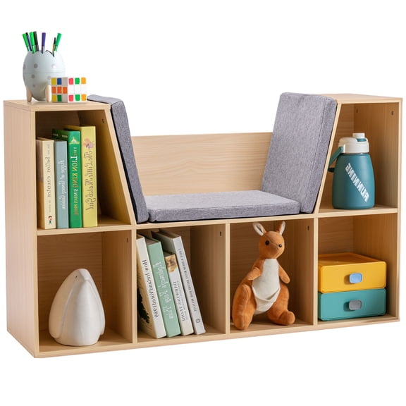Kids 6-Cube Bookcase Organizer with Reading Nook, Natural Bedroom Storage with Seat Cushion, Playroom Shelf, 40.5x12x23.5