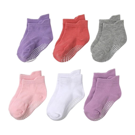 Kids 6-Pack Gripper Ankle Socks Stretchy Fit Plain Crew Socks Soft Breathable Daily Socks
