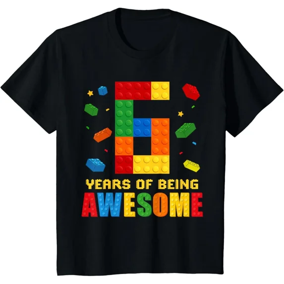 Kids 6 Year Old Birthday Boy Being Awesome Building Bricks 6th T-Shirt Gift for