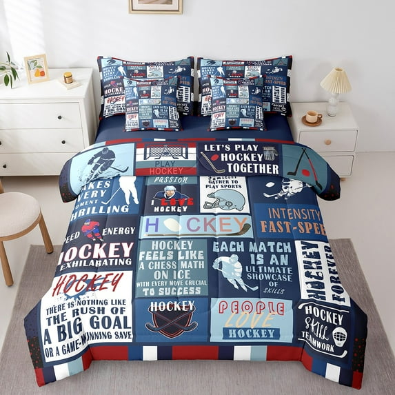 7 Pcs Teal Patchwork Bed in a Bag King Comforter Set,Ice Hockey Sheet Set Teens Men,Navy Blue Sports Game Bedding with Comforter,Vintage Geometric Striped Quilt Cover