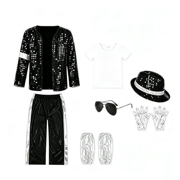Kids 7‑Piece 80s Retro Stage Performance Costume Set, Black Sequin Jacket & Trousers with Hat Gloves Sunglasses Boot Covers, Themed Party Outfit