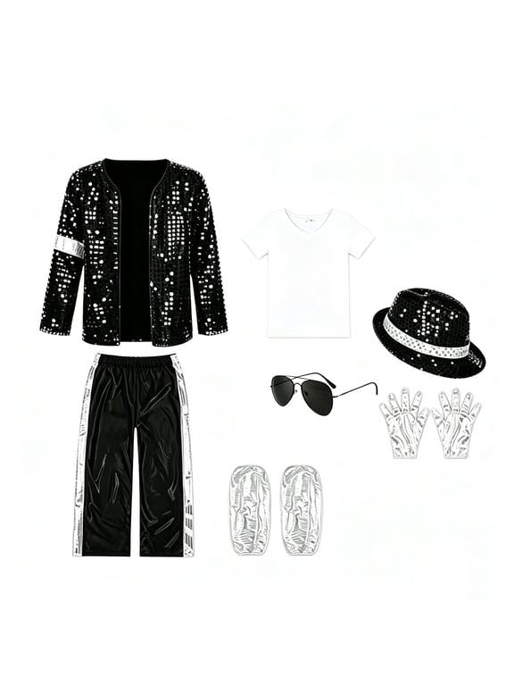 Kids 7‑Piece 80s Retro Stage Performance Costume Set, Black Sequin Jacket & Trousers with Hat Gloves Sunglasses Boot Covers, Themed Party Outfit
