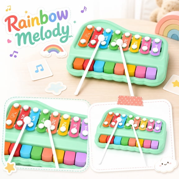 Kids 8 Note Xylophone and Piano Toy with Two Mallets, Early Learning Percussion Instrument for Hand Tapping Play