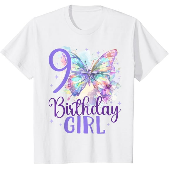 Kids 9th Birthday Butterfly 9 Years Old Nine 9 Birthday Girl T-Shirt