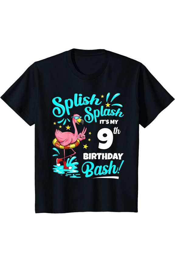 Kids 9th Birthday Flamingo 9 Years Old Pool Party Summer T-Shirt, Birthday Gift