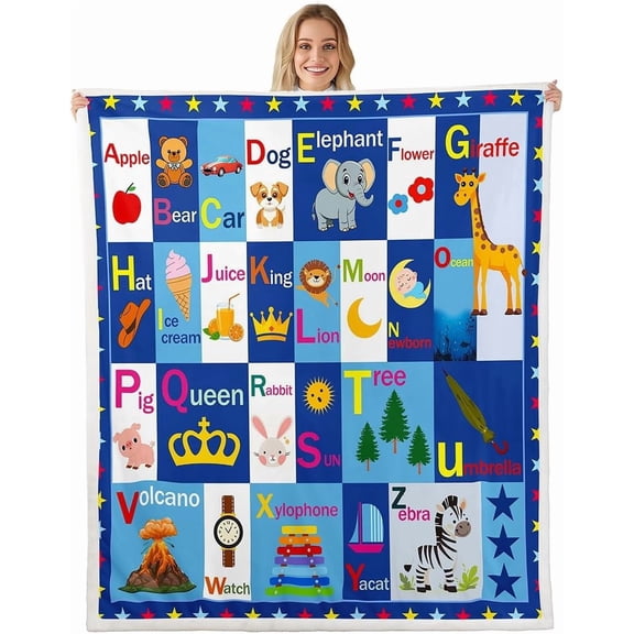 Kids ABC Alphabet Sherpa Educational Fleece Throw Boys Girls Learning Plush for Bed Sofa Couch Teens Bedroom Decor 60" x 80"