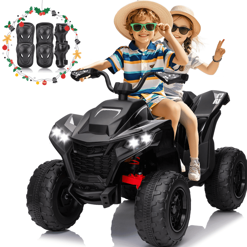 Kids ATV 4 Wheeler, 24V 2 Seater Electric ATV Quad w/4WD Motor, Protective Gear Set, Bluetooth, LED Lights, Spring Suspension, Battery Powered Ride on Toys for Big Kids, Boys, Girls, Christmas, Black