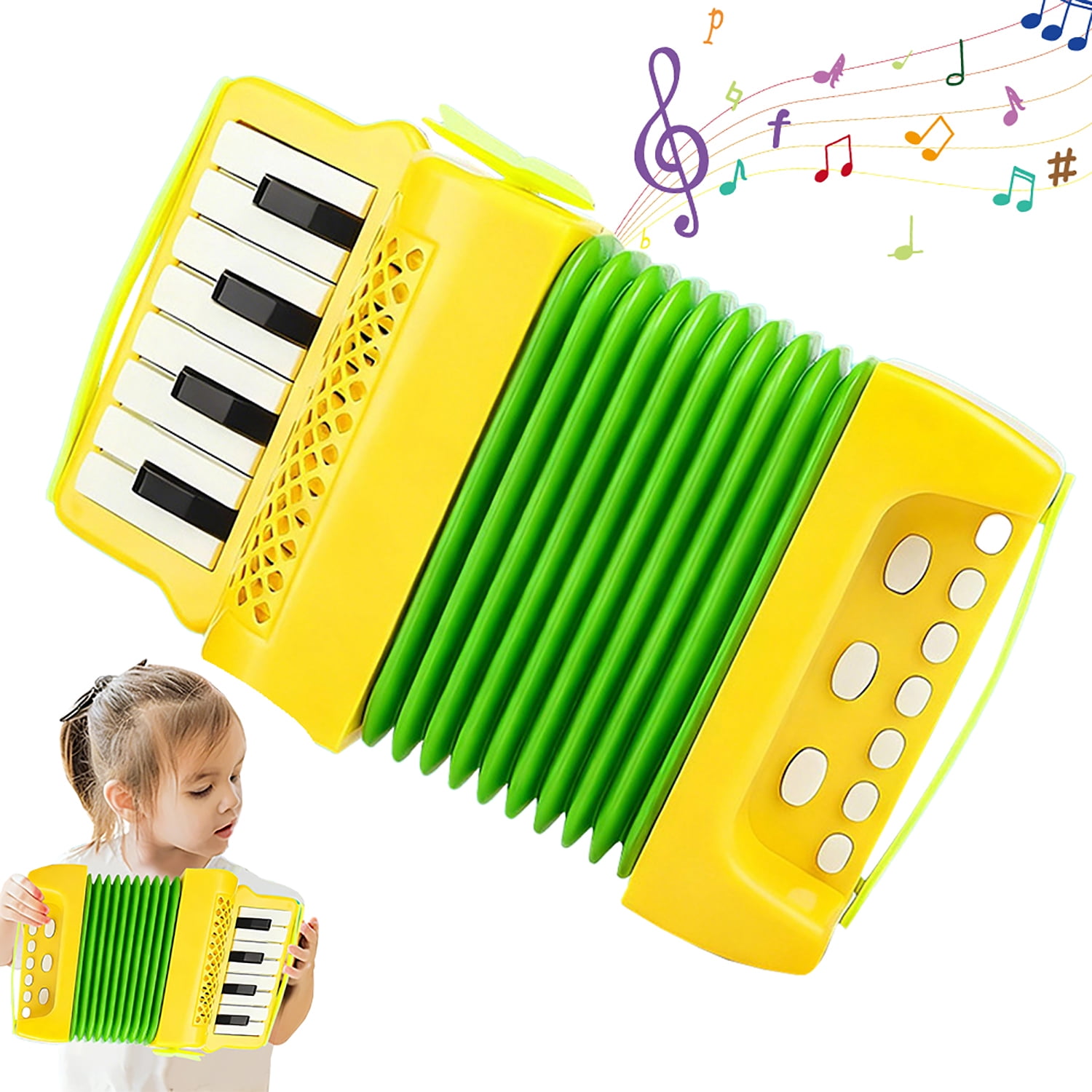 Kids Accordion Toy with 10 Keys Buttons, Mini Accordion & Piano Toys Musical Instruments for Boys Girls Beginners Early Education(Yellow)