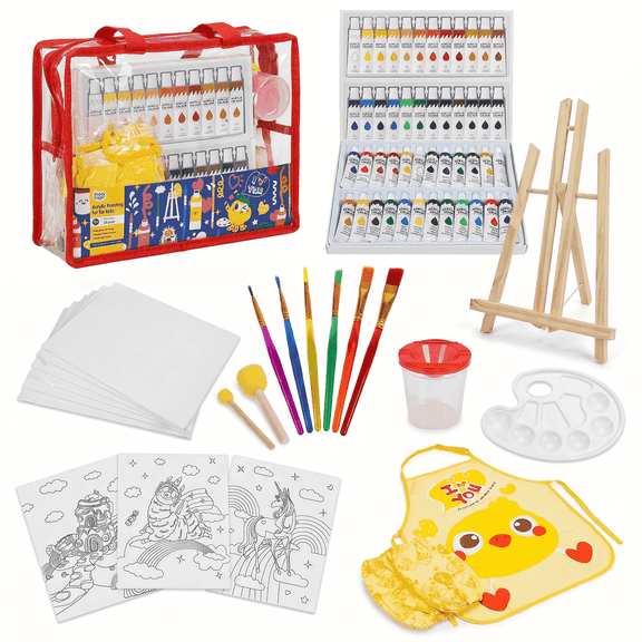 Kids Art Set, 50-Piece Acrylic Painting Kit with Easel, Canvas Panels, Paints, Brushes, Apron and Pvc Bag, Christmas Birthday Gift for Kids Boys Girls