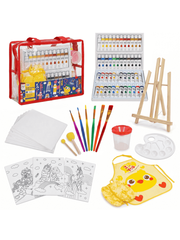 Kids Art Set, 50-Piece Acrylic Painting Kit with Easel, Canvas Panels, Paints, Brushes, Apron and Pvc Bag, Christmas Birthday Gift for Kids Boys Girls