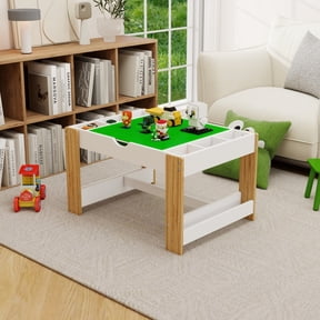 Kids Activity Table, 2-in-1 Wooden Play Table with Lego Base & Whiteboard, Toddler Building Blocks Table with 7 Storage Compartments & Bookshelves