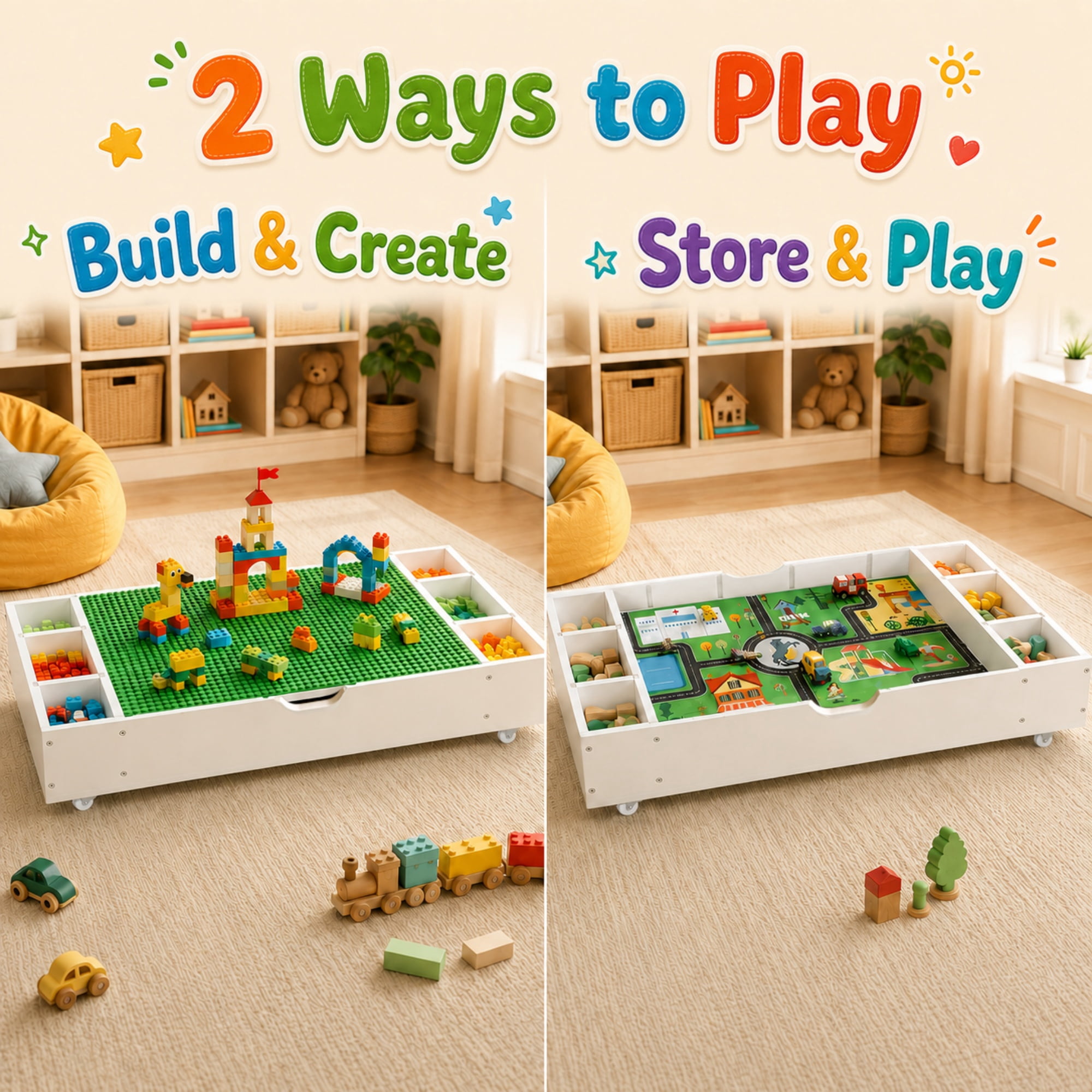 Kids Activity Table 37.99 Inch, 3-in-1 Reversible Toy Organizer with Lego Compatible Top and Whiteboard, Play Table for Children's Room and Nursery, White