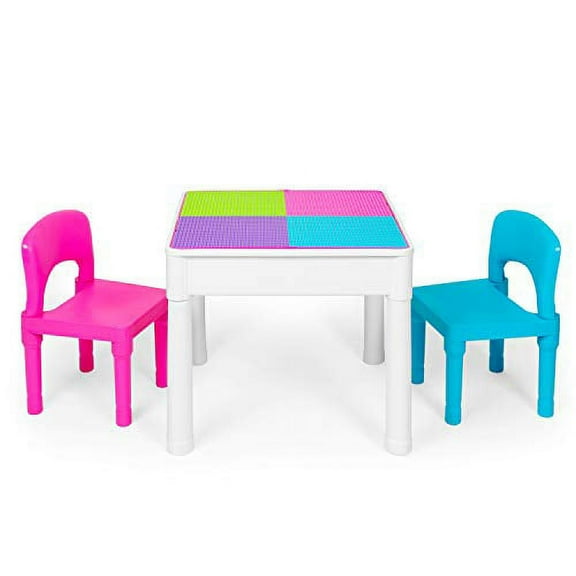 Kids Activity Table Set - 5 in 1 Activity Table, Water Table, and Building Block Table with Storage - Includes 2 Chairs and 25 Ex-Large Blocks - Pastel Color Activity Table
