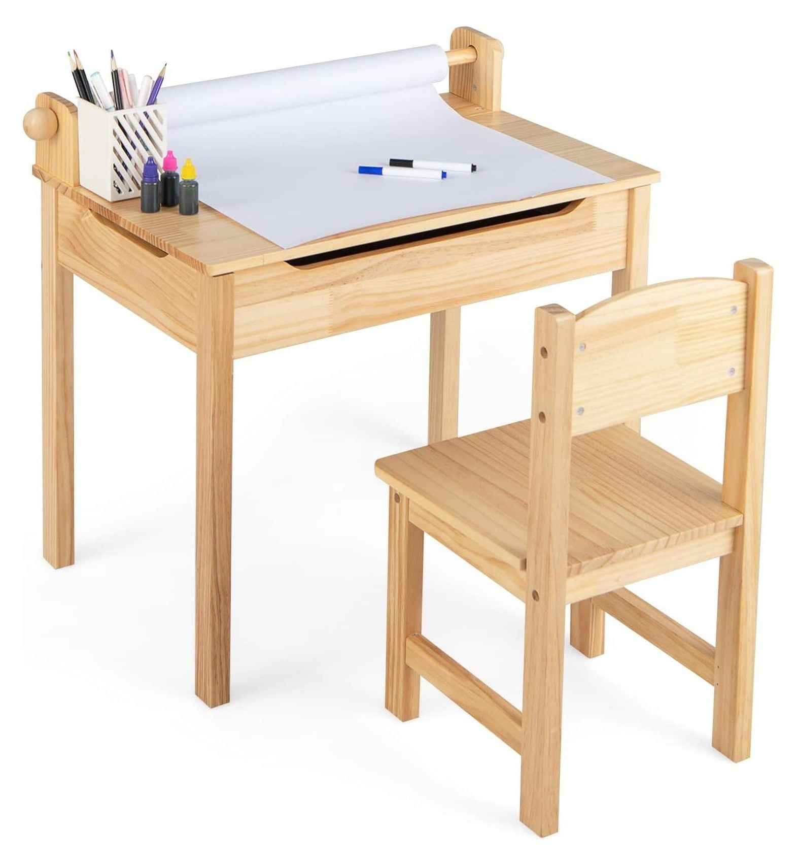 Kids Activity Table Set with Paper Roll Holder and Pen Slot, 21" x 13.5" x 7", Natural 1