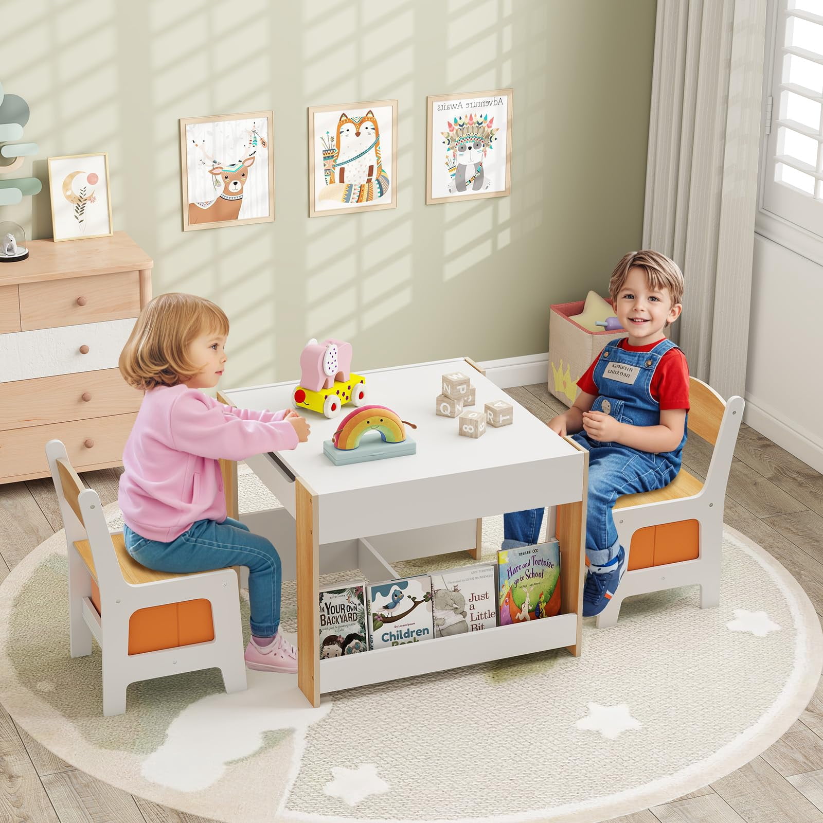 Kids Activity Table with Chairs 2-in-1 Lego Whiteboard Storage for Playroom Bedroom Preschool